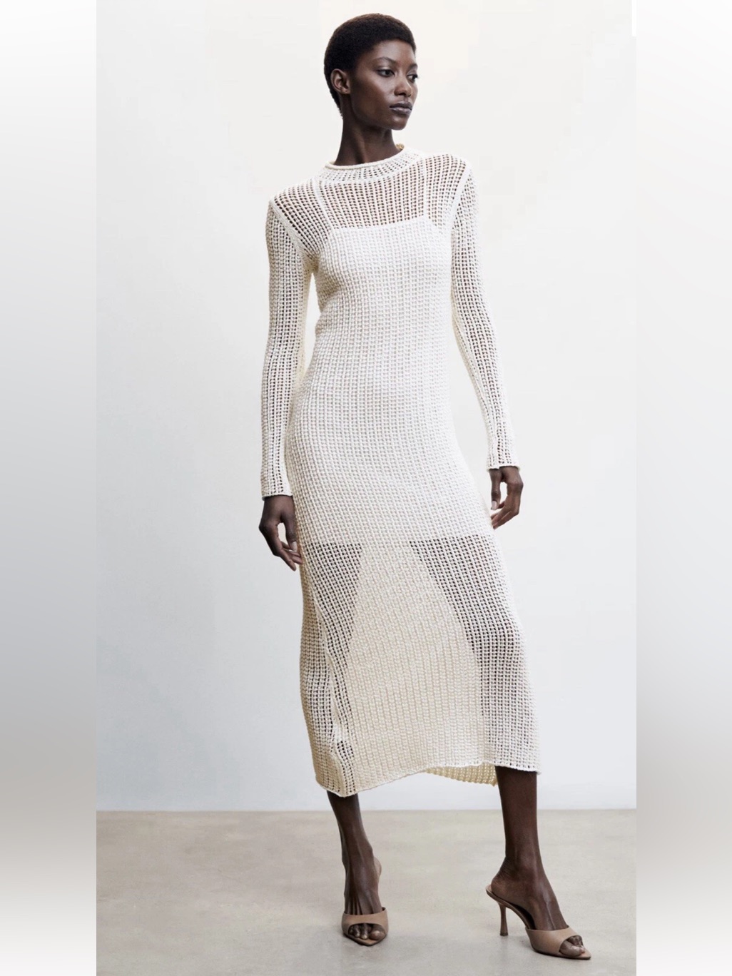 Mango White Sweater Knit Long Sleeve Maxi Dress Fitted Bodycon Stretchy Size 4